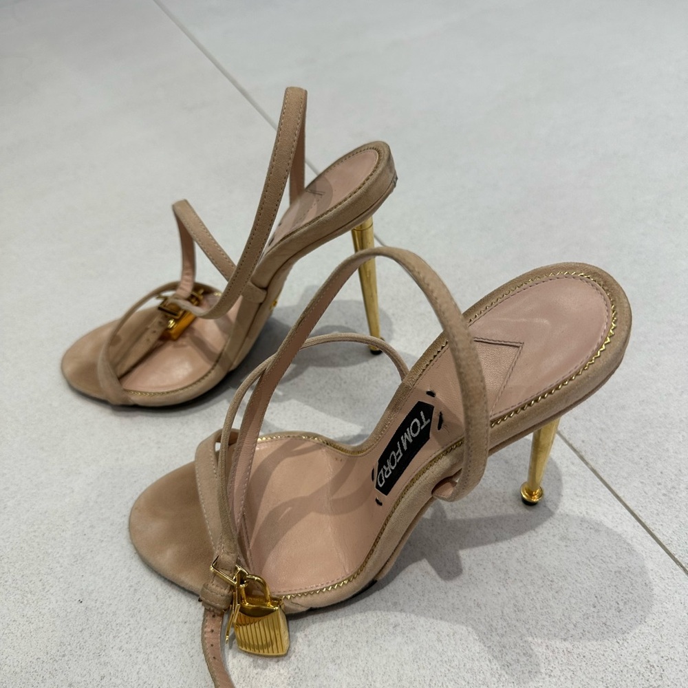 Tom Ford Nude Beige Suede Strappy Sandals with Gold Heel - Picture 3 of 5